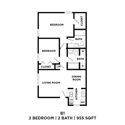 A floor plan of a 2 bedroom apartment with 2 bathrooms.